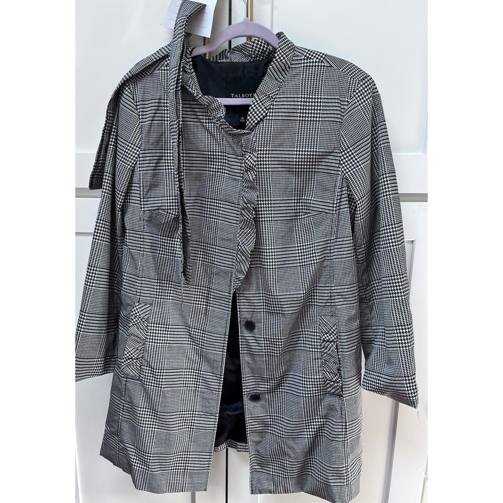 Talbots Classic Mid-Length Black Houndstooth Trench Coat Rain Jacket Sz 16 P